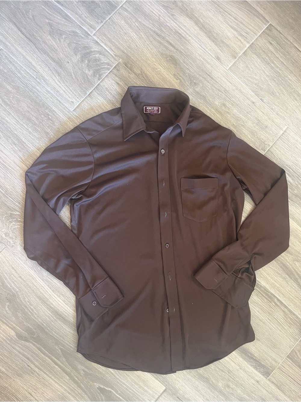 Men's Brown Long-Sleeve 1970’s Dress Shirt with Chest Pocket